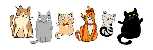 Zestaw Uroczych Kreskówkowych Kotów Kolorowe Ręcznie Rysowane Wektor Ilustracji Postaci — Wektor stockowy