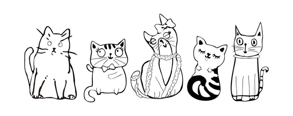 Set Cute Adorable Cats Monochrome Black White Hand Drawn Vector — Stock Vector