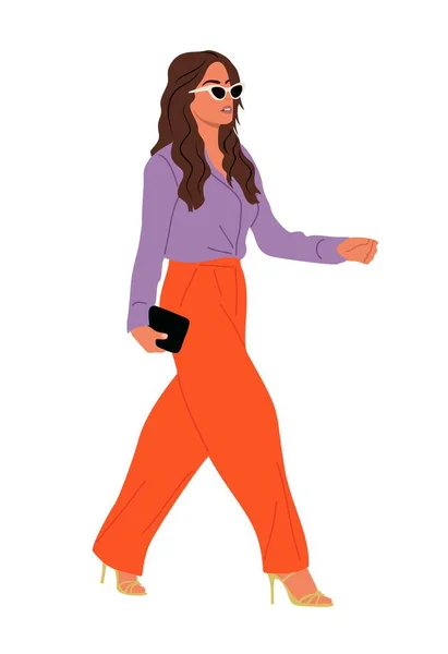 现代女商人走路 形象逼真的形象描绘了一个穿着五颜六色的时髦休闲装和高跟鞋的迷人女孩 因白人背景而被隔离 — 图库矢量图片