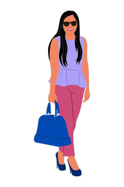Modern Kadını Yürüyüşü Renkli Zeki Sıradan Ofis Kıyafetleri Yüksek Topuklu — Stok Vektör