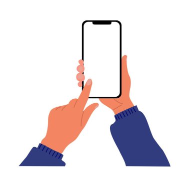 El ele tutuşan cep telefonu. Parmaklar dokunuyor, akıllı telefon ekranını kaydırıyor, uygulamaları kullanıyor. Boş ekran, telefon modeli. Düz vektör çizimi beyaz arkaplanda izole edildi.