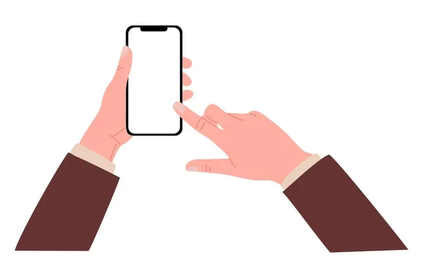 男性手拿着手机 手指触摸 滚动智能手机屏幕 使用应用程序 空屏幕 电话模拟 白色背景上孤立的平面矢量图解 — 图库矢量图片