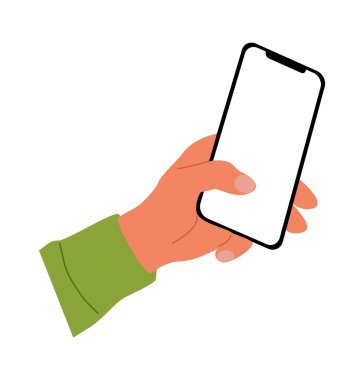 El ele tutuşan cep telefonu. Parmaklar dokunuyor, akıllı telefon ekranını kaydırıyor, uygulamaları kullanıyor. Boş ekran, telefon modeli. Düz vektör çizimi beyaz arkaplanda izole edildi.
