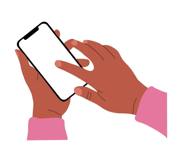 女性手拿着手机 手指触摸 滚动智能手机屏幕 使用应用程序 空屏幕 电话模拟 白色背景上孤立的平面矢量图解 — 图库矢量图片