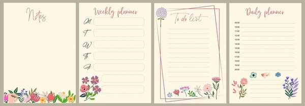 Set Weekly Daily Planner Pages Notes List Templates Decorated Hand — Stock Vector