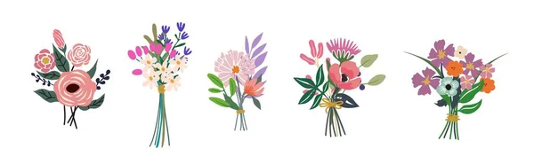 Krásné Kytice Barevných Květin Vektor Ploché Ilustrace Set Kolekce Různých — Stockový vektor
