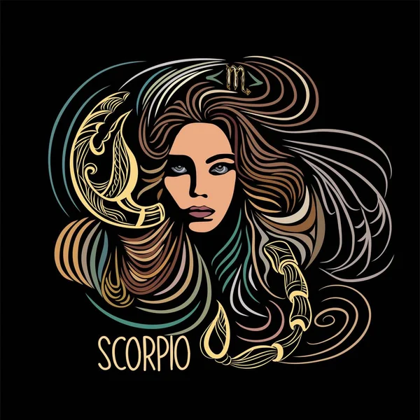 Scorpio Zodiac Знак Красивой Девушки Рисовал Векторную Красочную Иллюстрацию Черном — стоковый вектор
