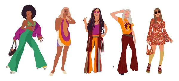 Vackra Hippie Tjejer Mode Retro Talet Snygga Outfit Tecknad Porträtt — Stock vektor