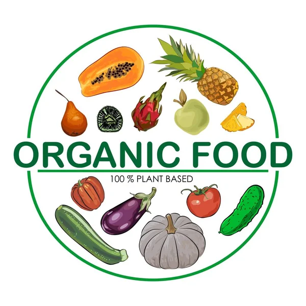 Bio Lebensmittelschild Kreisform Pflanzlicher Text Und Gesundes Essen Set Gemüse — Stockvektor