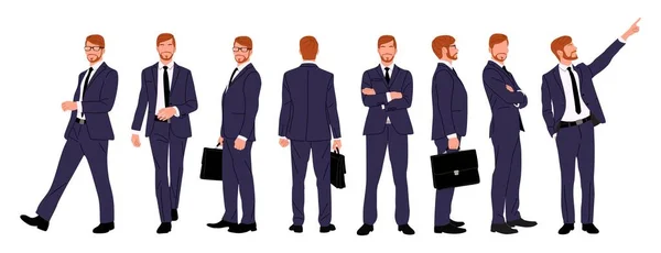 Σύνολο Χαρακτήρα Businessman Διαφορετικές Στάσεις Όμορφος Άντρας Γενειάδα Που Φοράει — Διανυσματικό Αρχείο