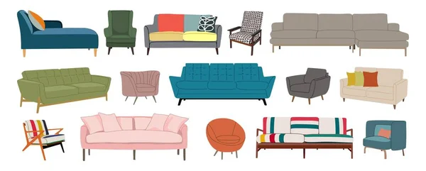 Moderne Sofas Sessel Und Sofas Vektor Set Trendy Weiche Möbel — Stockvektor
