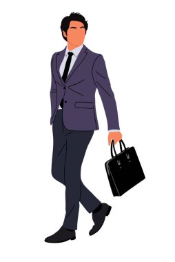 İş adamı yan gözle bakıyor. Resmi ofis kıyafetleri içinde yakışıklı genç bir iş adamı. Takım elbiseli, çantalı şık bir adam. Beyaz arkaplanda çizgi film erkek vektör karakteri gerçekçi illüstrasyon.