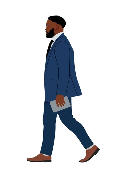 Negro Empresario Caminando Vista Lateral Hombre Negocios Afroamericano Guapo Traje — Vector de stock