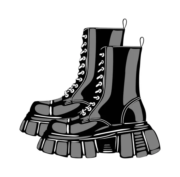 Paire Bottes Cuir Armée Moderne Encre Noire Monochrome Graphique Illustration — Image vectorielle