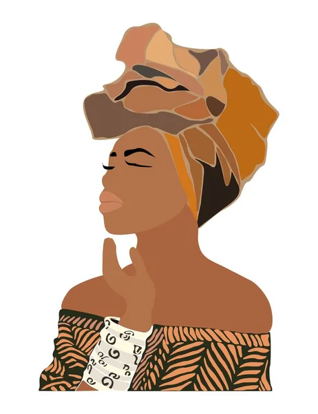 摘要女性印刷品的黑人女性肖像 博豪女子墙艺术 中世纪现代设计 白色背景下土色圆筒中的风格非洲裔妇女矢量图解 — 图库矢量图片