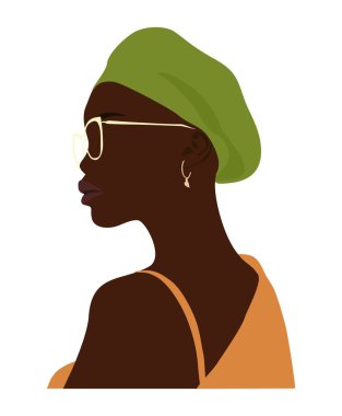 Kadın Baskısı için soyut Siyah Kadın Portresi, Boho Kız Duvarı Sanatı, Orta Çağ modern tasarımı, avatarlar, çıkartmalar. Beyaz arka planda Dünya Tonlarında şık afro kadın Vektör illüstrasyonuName.