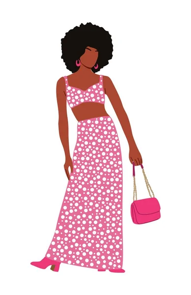 穿着时髦夏装的时髦年轻黑人妇女 漂亮的非洲裔美国女孩穿着高级时尚服装 粉色的蓝色连衣裙 带有波尔卡点的印花 矢量逼真说明 — 图库矢量图片