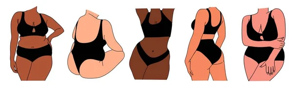 Set Curvy Woman Bodies Different Skin Color Vector Colored Line — Stock Vector