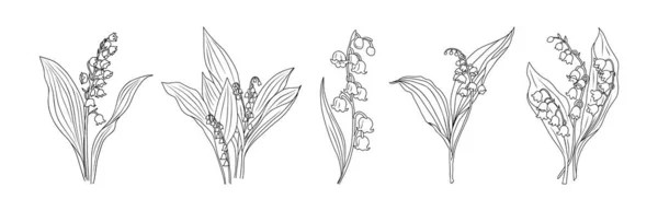 リリー バレー5月誕生月の花ドローイング ジュエリー タトゥー 壁アート ステッカーのための現代のミニマリストラインアートデザイン 白地に隔離されたベクトルブラックアウトラインイラスト — ストックベクタ