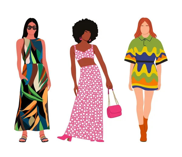 Набор Стильных Молодых Женщин Одетых Модную Одежду Разнообразные Прекрасные Девушки — стоковый вектор