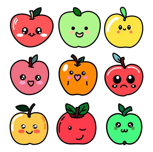 可爱的Kawaii苹果套餐 有趣的红色 粉色水果 有趣的情绪 食物情绪 健康素食字符矢量平面插图分离的白色背景 — 图库矢量图片