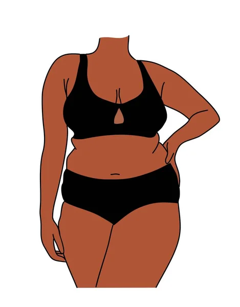 Kavisli Siyah Kadın Vektör Renkli Çizgi Çizimi Artı Bikinili Güzel — Stok Vektör