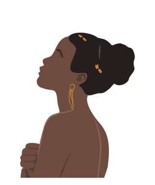 Kadın Baskısı için soyut Siyah Kadın Portresi, Boho Kız Duvarı Sanatı, Orta Çağ modern tasarımı, avatar. Beyaz arka planda Dünya Tonlarında şık afro kadın Vektör illüstrasyonuName.