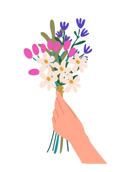 stock vector Female hand holding bouquet of delicate wild flowers, pink, white and blue. Elegant cut flowers. Beautiful spring or summer gift. Cartoon colorful vector illustration isolated on white background. 