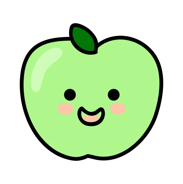 Söt Kawaii Grönt Äpple Rolig Frukt Med Ögon Och Mun — Stock vektor