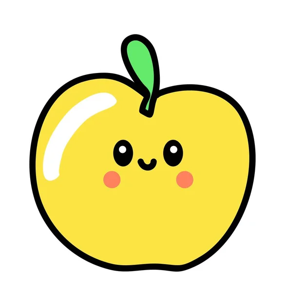 Söt Kawaii Gult Äpple Rolig Frukt Med Ögon Och Mun — Stock vektor