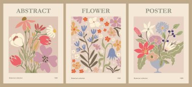 Set of abstract flower posters. Trendy botanical wall arts with floral design in danish pastel colors. Modern naive groovy funky interior decorations, paintings. Vector art illustration.