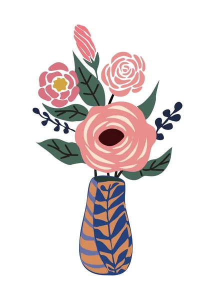 Чудові Квіти Вазі Ізольовані Білому Тлі Букет Рожевих Троянд Декоративний — стоковий вектор
