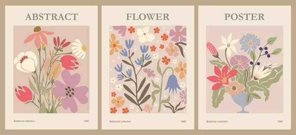 stock vector Set of abstract flower posters. Trendy botanical wall arts with floral design in danish pastel colors. Modern naive groovy funky interior decorations, paintings. Vector art illustration.