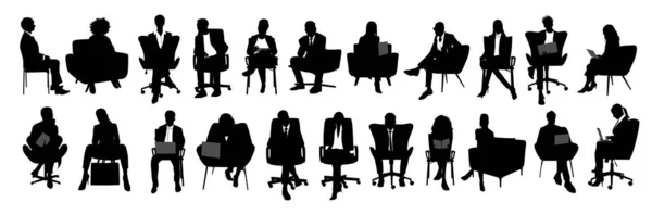 Σιλουέτες Των Επιχειρηματιών Που Κάθονται Άνδρες Και Γυναίκες Κάθονται Στην — Διανυσματικό Αρχείο