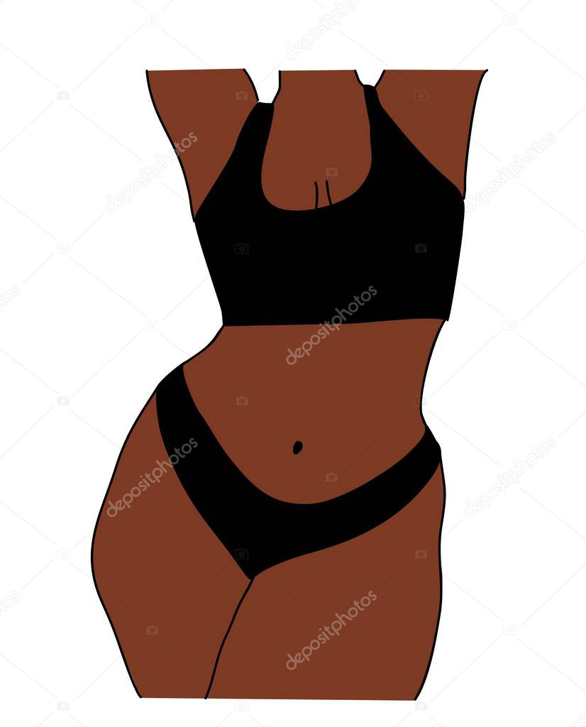 Curvy black woman vector colored line art drawing. Plus size beautiful girl in bikini, underwear. Body positive abstract minimalist illustration on white background.
