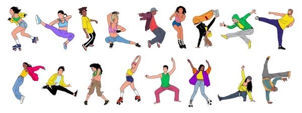 Jongeren Tieners Die Verschillende Activiteiten Uitvoeren Dansende Hiphop Breakdance Rolschaatsen — Stockvector