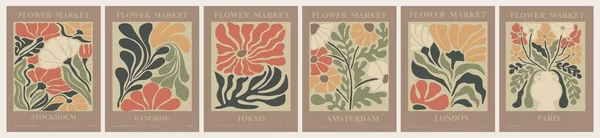 Uppsättning Abstrakta Blomstermarknadsaffischer Trendig Botanisk Väggkonst Med Blommig Design Jordton — Stock vektor