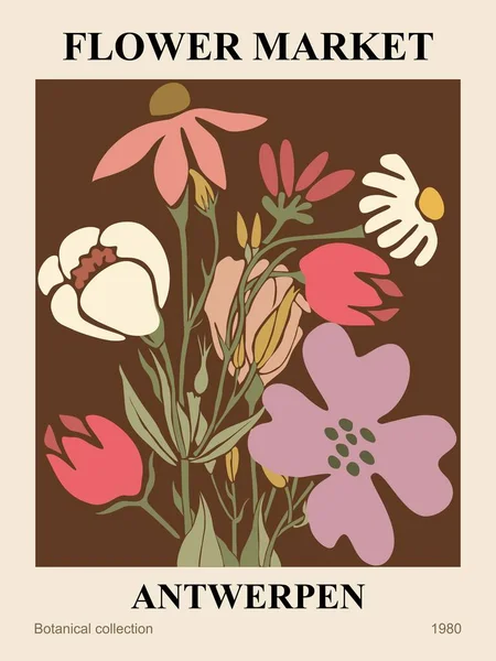 Soyut Çiçek Pazarı Antwerpen Posteri Dünya Renginde Çiçek Desenli Botanik — Stok Vektör