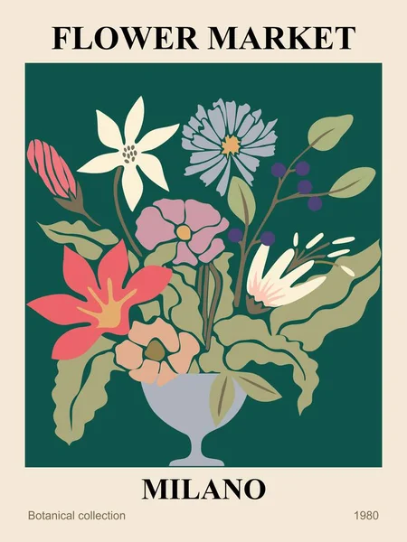 Soyut Flower Market Milano Posteri Dünya Renginde Çiçek Desenli Botanik — Stok Vektör