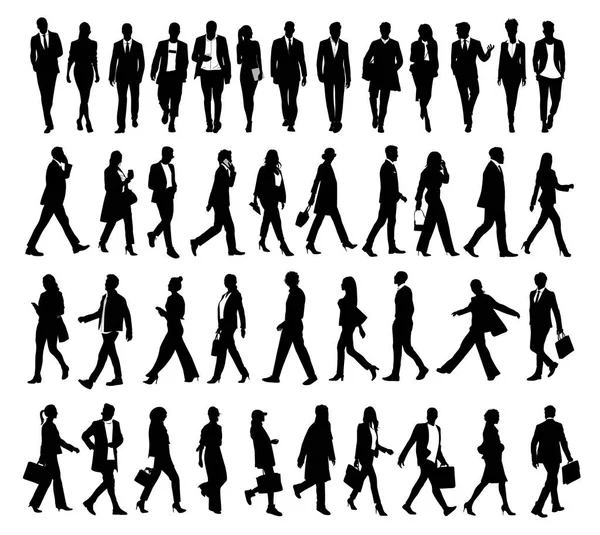 ビジネスの人々のシルエット 男性と女性の完全な長さの前に サイド バックビューを歩く 人々の群衆白い背景に黒を隔離ベクトルイラスト アバター ウェブサイトのアイコン — ストックベクタ
