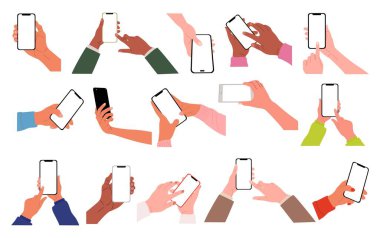 Farklı Eller cep telefonlarını tutuyor. Parmaklar dokunuyor, akıllı telefon ekranlarını kaydırıyor, uygulamaları kullanıyor. Boş ekran, telefon modeli. Düz vektör çizimi beyaz arkaplanda izole edildi.