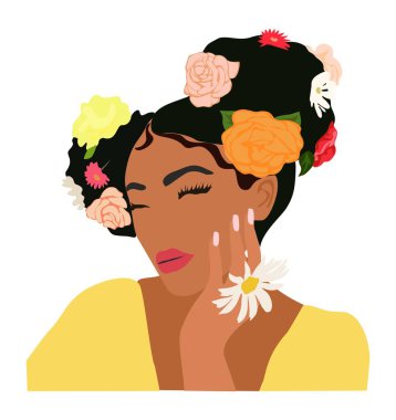Kadın Baskısı için soyut Siyah Kadın Portresi, Boho Kız Duvarı Sanatı, Orta Çağ modern tasarımı, avatar. Çiçekli şık afro kadın. Beyaz arka planda Dünya Tonlarında Vektör çizimi..