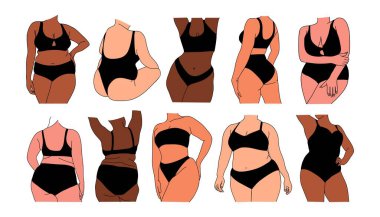 Kıvrımlı kadın vücutları. Cilt rengi vektör renkli çizimler. Artı bikinili güzel kızlar, iç çamaşırları. Beyaz arka planda vücut pozitif soyut minimalist resimleme.