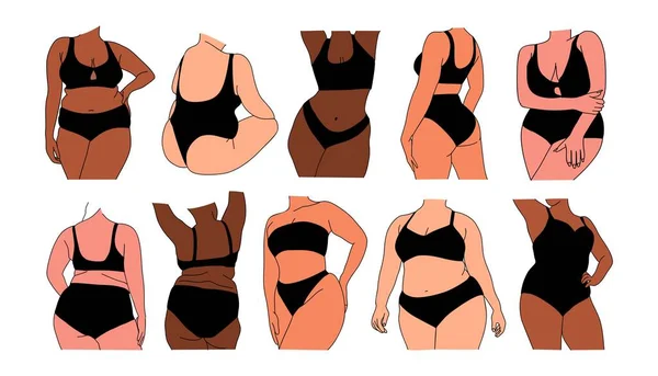 Sada Zakřivené Ženy Těla Různé Barvy Kůže Vektor Barevné Čáry — Stockový vektor