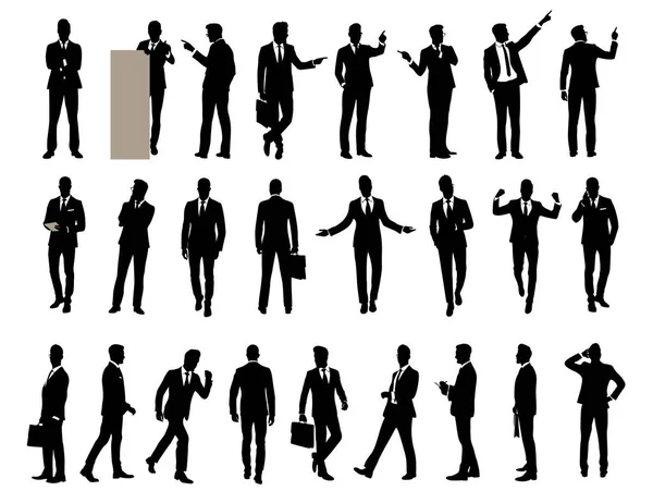 Set Businessman Character Silhouettes Different Poses Business Man Formal Suit — Stock Vector