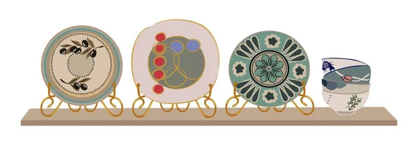 Beautiful Handmade Ceramic Plates Bowls Shelf Flat Vector Illustration Clean — Stock Vector