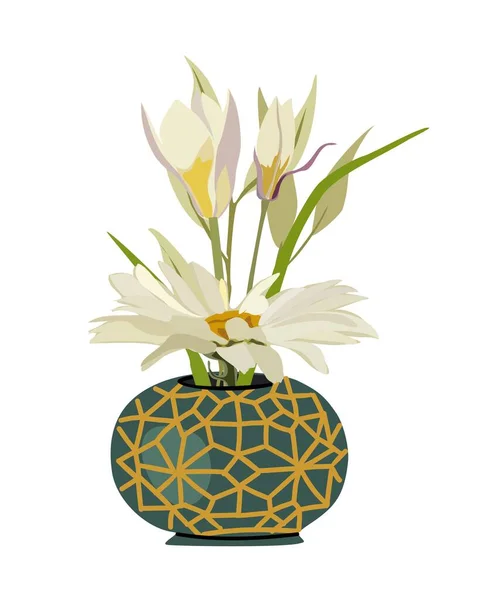 白い背景に隔離された装飾的な手作り花瓶ベクトルイラストでゴージャスなデイジーとクロッカスの白い花 ワイルドフラワー花束 カード用の花のデザイン要素 壁の芸術 デジタルステッカー — ストックベクタ