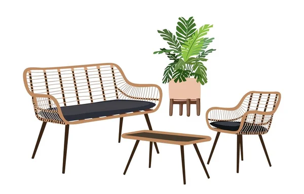 パティオ家具セット 鉢植えのベクトルイラストとポーチゾーンの家具 現実的な庭の庭のインテリア要素 籐製のアームチェア ソファ 白い背景に隔離されたコーヒーテーブル — ストックベクタ