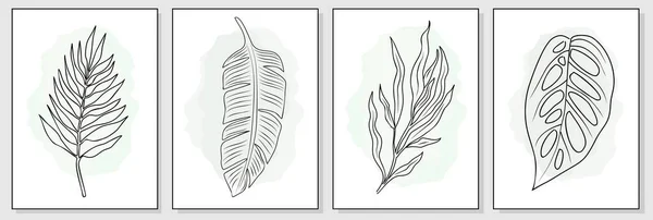 Streszczenie Liście Tropikalne Rysowanie Linii Print Set Plakaty Botaniczne Nowoczesna — Wektor stockowy