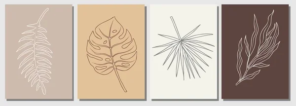 Abstrakta Tropiska Blad Linje Ritning Skriv Set Botaniska Affischer Modern — Stock vektor